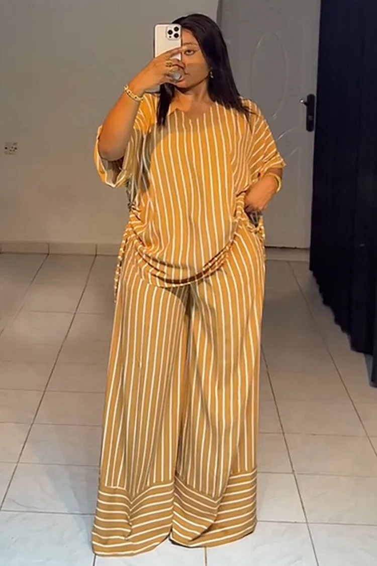 Striped Print Half Sleeve Top Wide Leg Pants Casual 2pcs Set-Yellow