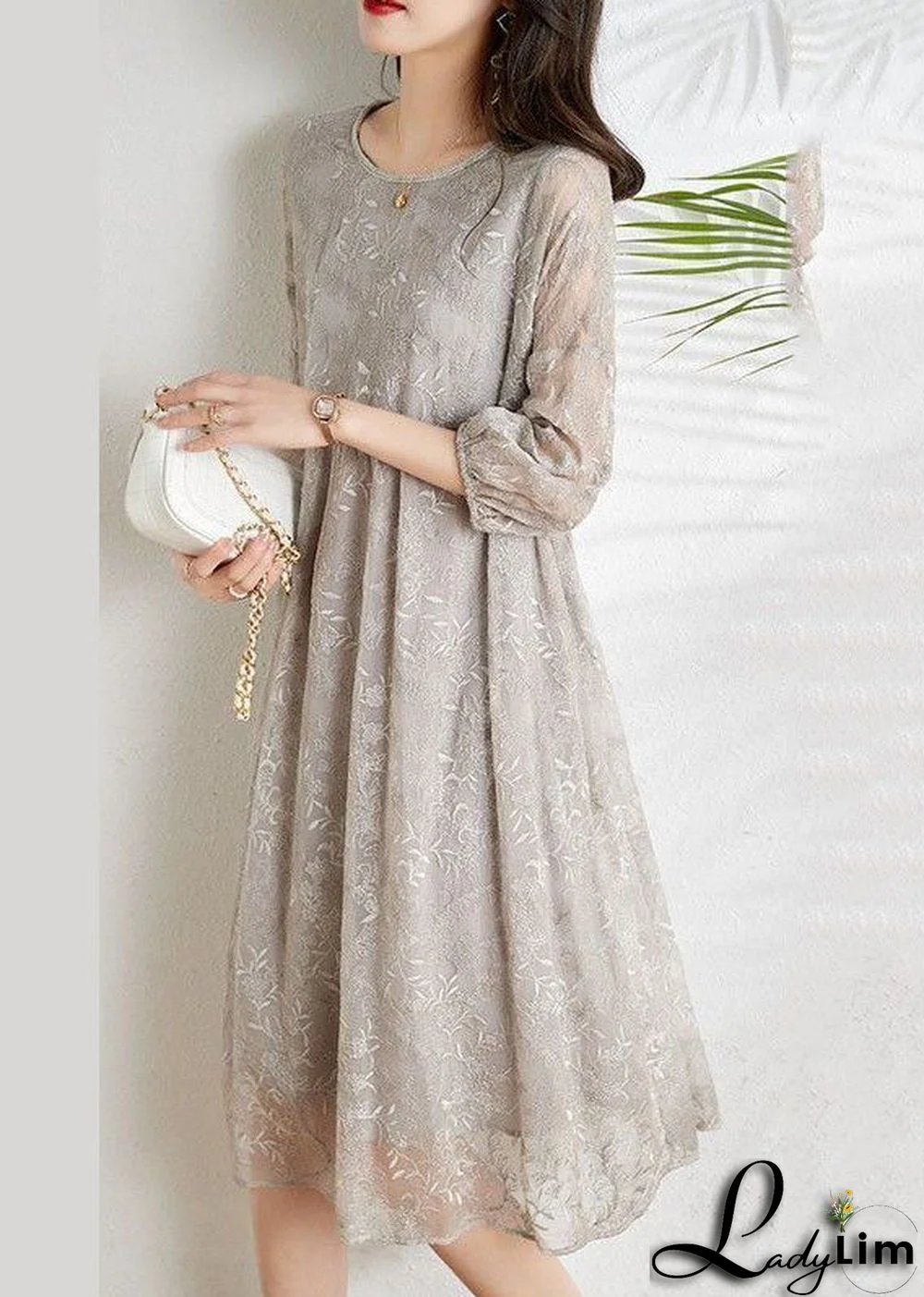 Fashion Light Grey Cinched Embroideried Chiffon Vacation Dresses Three Quarter sleeve