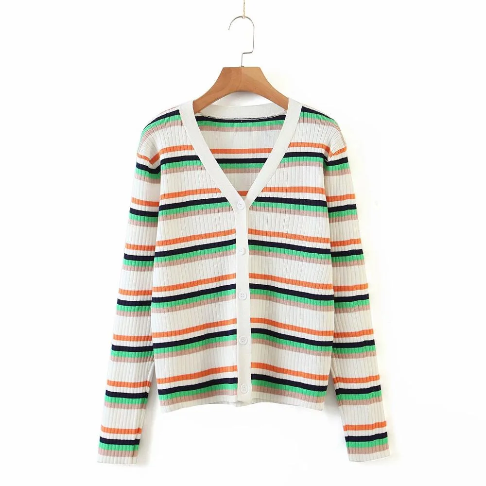 Chic autumn winter sweaters multicolor stripe v neck knitted cardigan for women autumn soft single-breasted women's sweaters