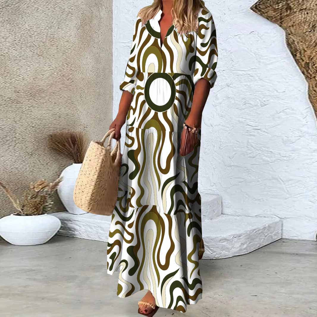 Women Abstract, Black, Brown DZDN0168 SPU Printed Long Sleeve V-neck Maxi Dress
