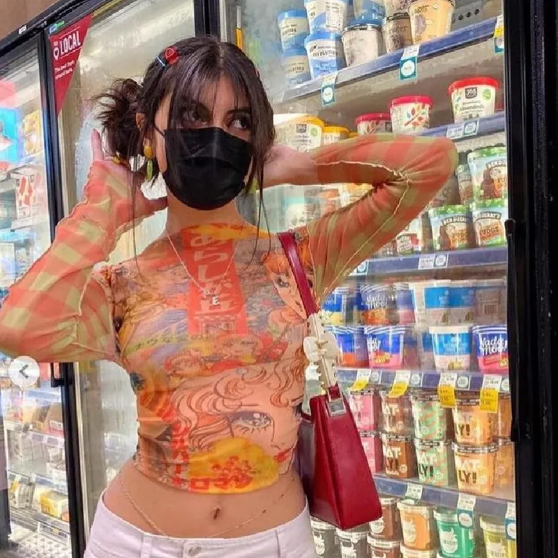 Uveng Y2K Sheer Mesh Long Sleeve Crop Top Aesthetic Harajuku T Shirts 90s Girls Casual Vintage Tee Tops Autumn Streetwear