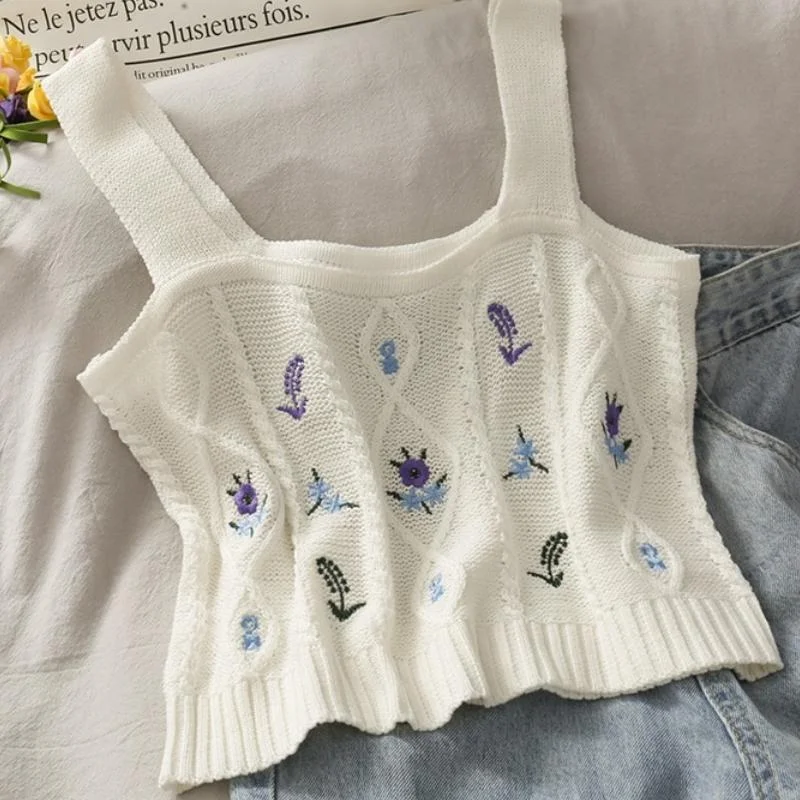 Dainty Floral Embroidered Knitted Crop Top