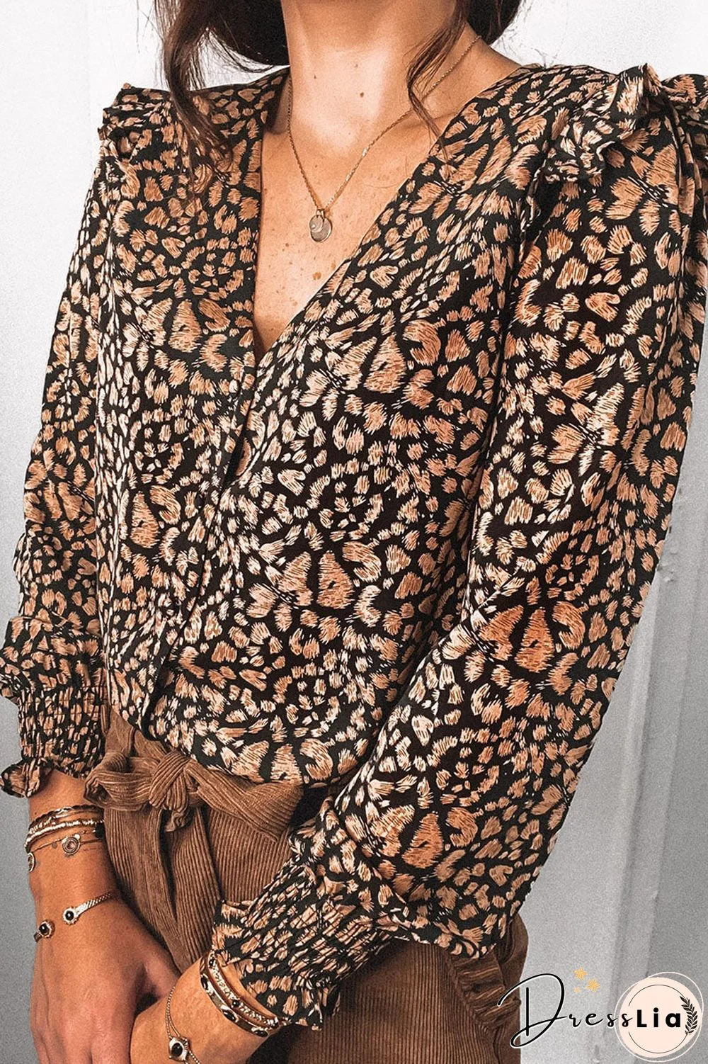 Fashion Print Flounce V Neck Tops