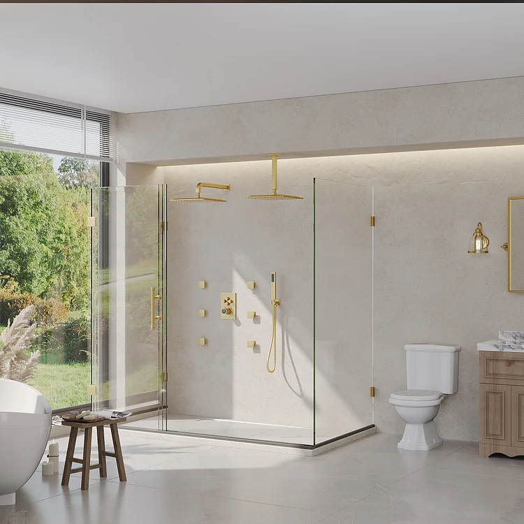 Luxury Thermostatic Dual Shower Head System in Brushed Gold SFS