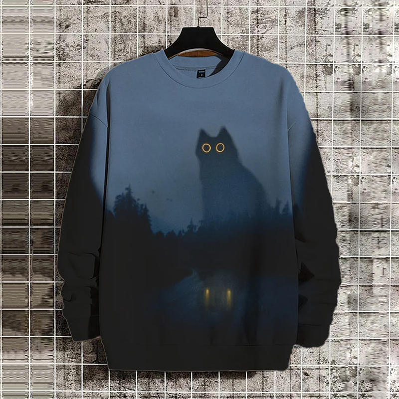 Men's  Dark Night Mystical Giant Cat Art Print Casual Sweatshirt