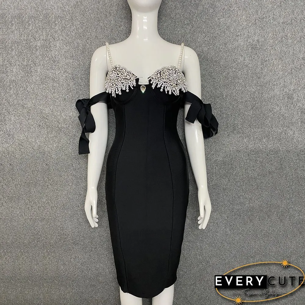 Bandages Dress Women Bodycon Beading Dress Off Shoulder Clothes Sexy Club Party Evening Dress