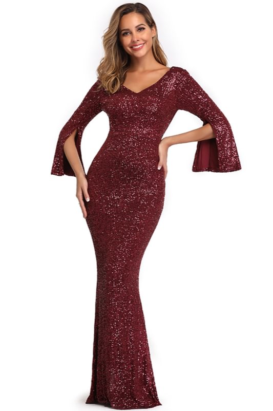 Chic Long Sleeve Ruffles Sequins Prom Dress Mermaid Evening Gowns
