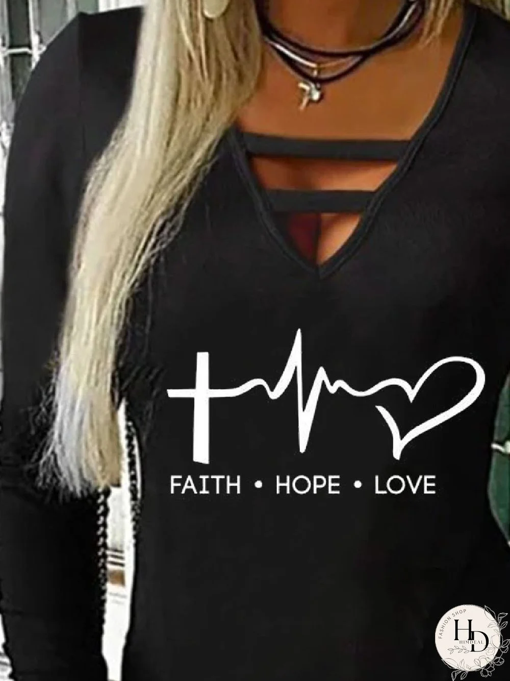 Casual V neck Letter Long Sleeve Shirts & Tops