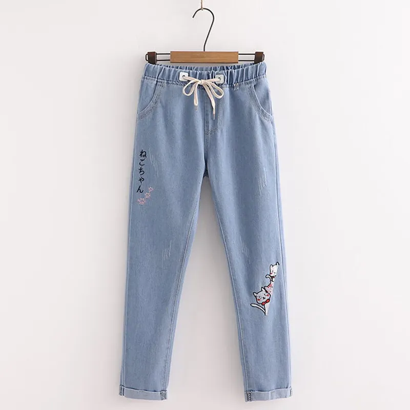 Cartoon Cat Print Cardigan Sweater Shirt Denim Pants Set