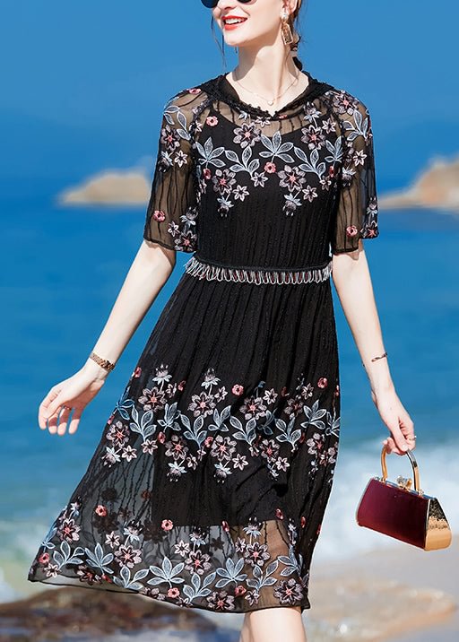 Vintage Black Hooded Embroideried Top Quality Silk Holiday Dress Short Sleeve