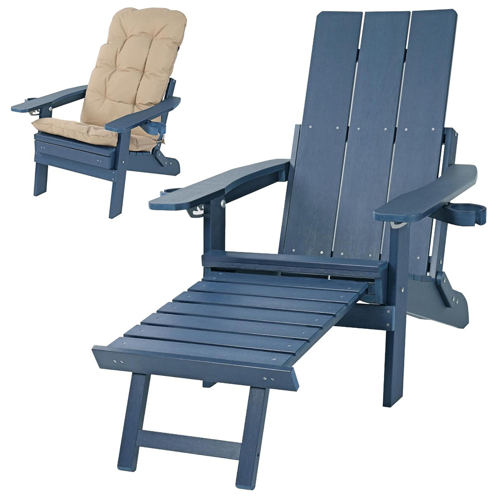 Outdoor Blue Polywood Folding Adirondack Chair with Cup Holder
