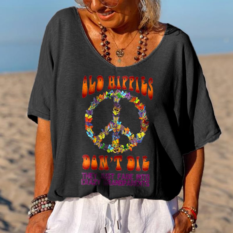 Old Hippies Don't Die Printed V-neck T-shirt