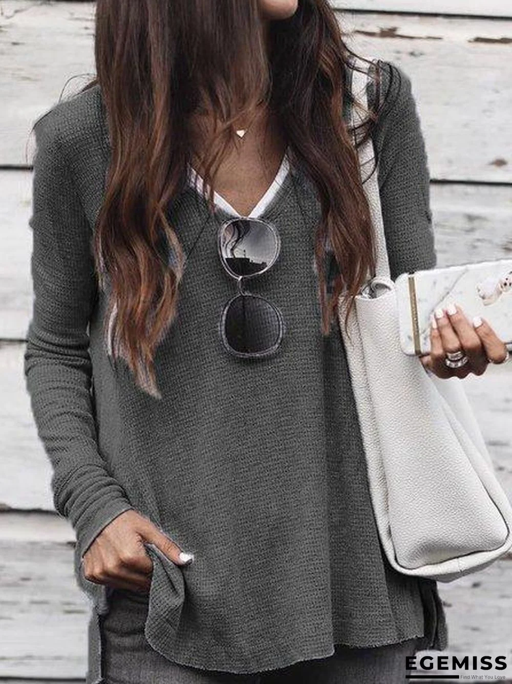 Casual Plain V Neck Plus Size Tops | EGEMISS