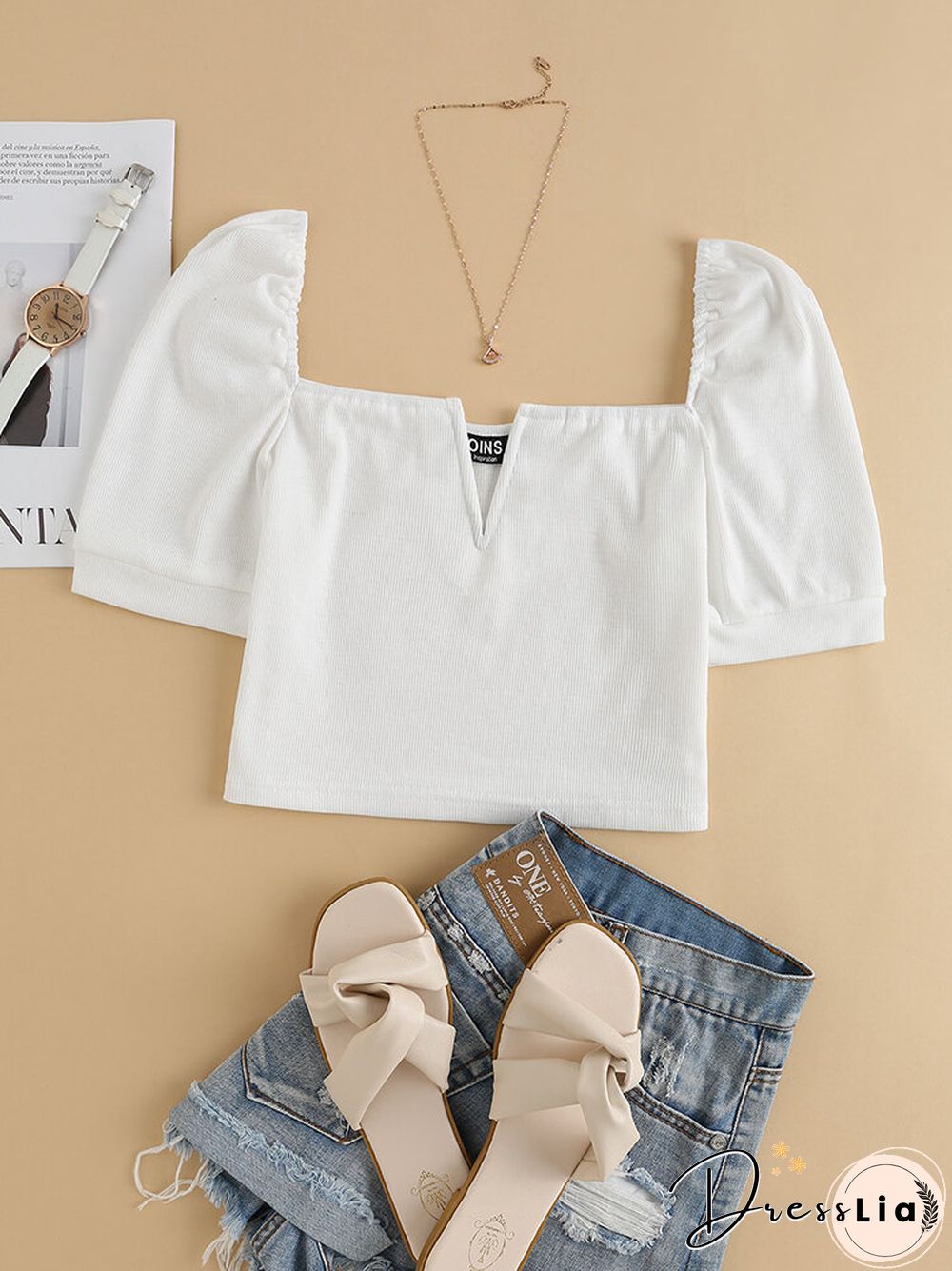 Solid Puff Short Sleeve Slit Square Collar Crop Top
