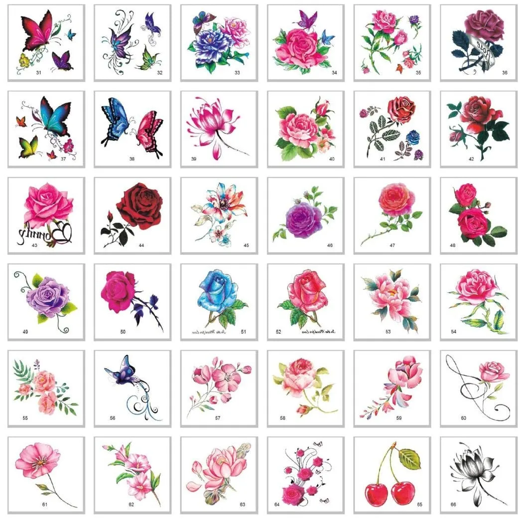 66pcs/Set No Repeat Flowers Butterfly Temporary Tattoos Waterproof Girls Body Art Concealer Stickers Disposable Makeup Tools
