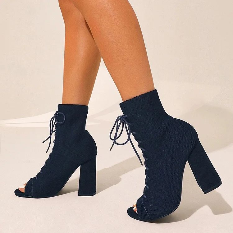 Navy Peep Toe Chunky Heel Boots Vintage Lace Up Shoes Ankle Boots |FSJ Shoes