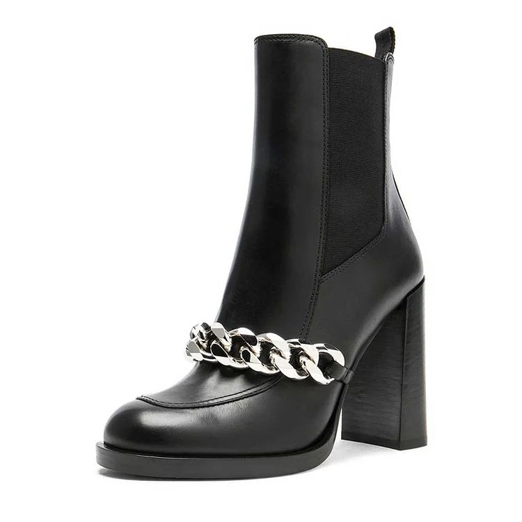 Black Chelsea Boots Round Toe Metal Chains Chunky Heels Ankle Boots |FSJ Shoes