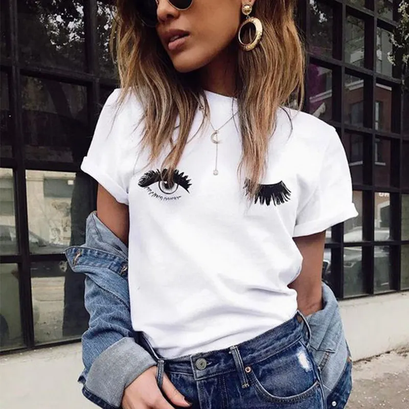 T Shirts Women Summer Causal Short Sleeve T Shirts Cotton Women White Round Neck Wink Eyes Print Cute Tee