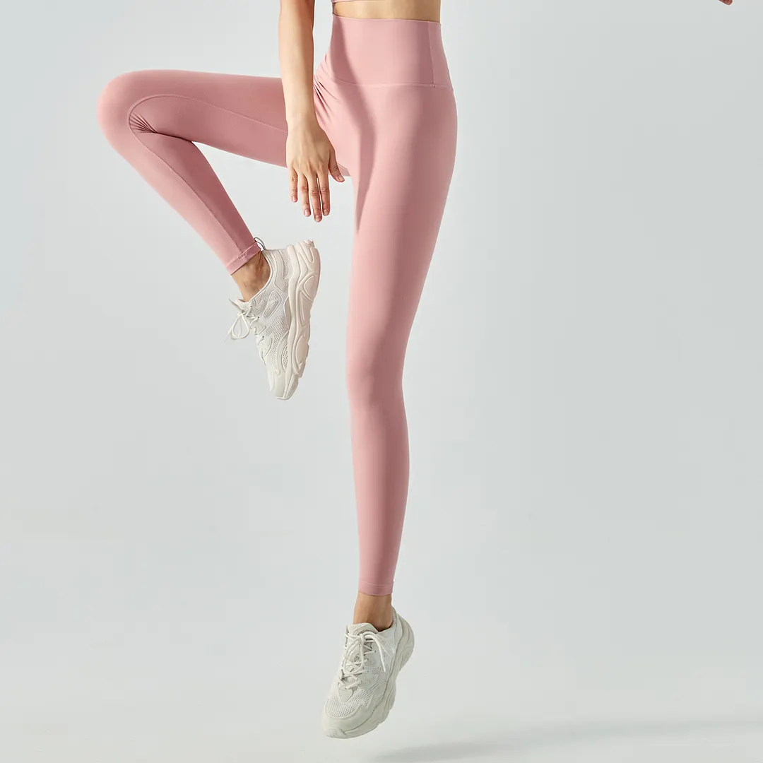 Shop no camel toe slim fit wide waist bubble peach super stretch tummy control non see through nylon gym yoga pants online on Hergymclothing Clay Pink