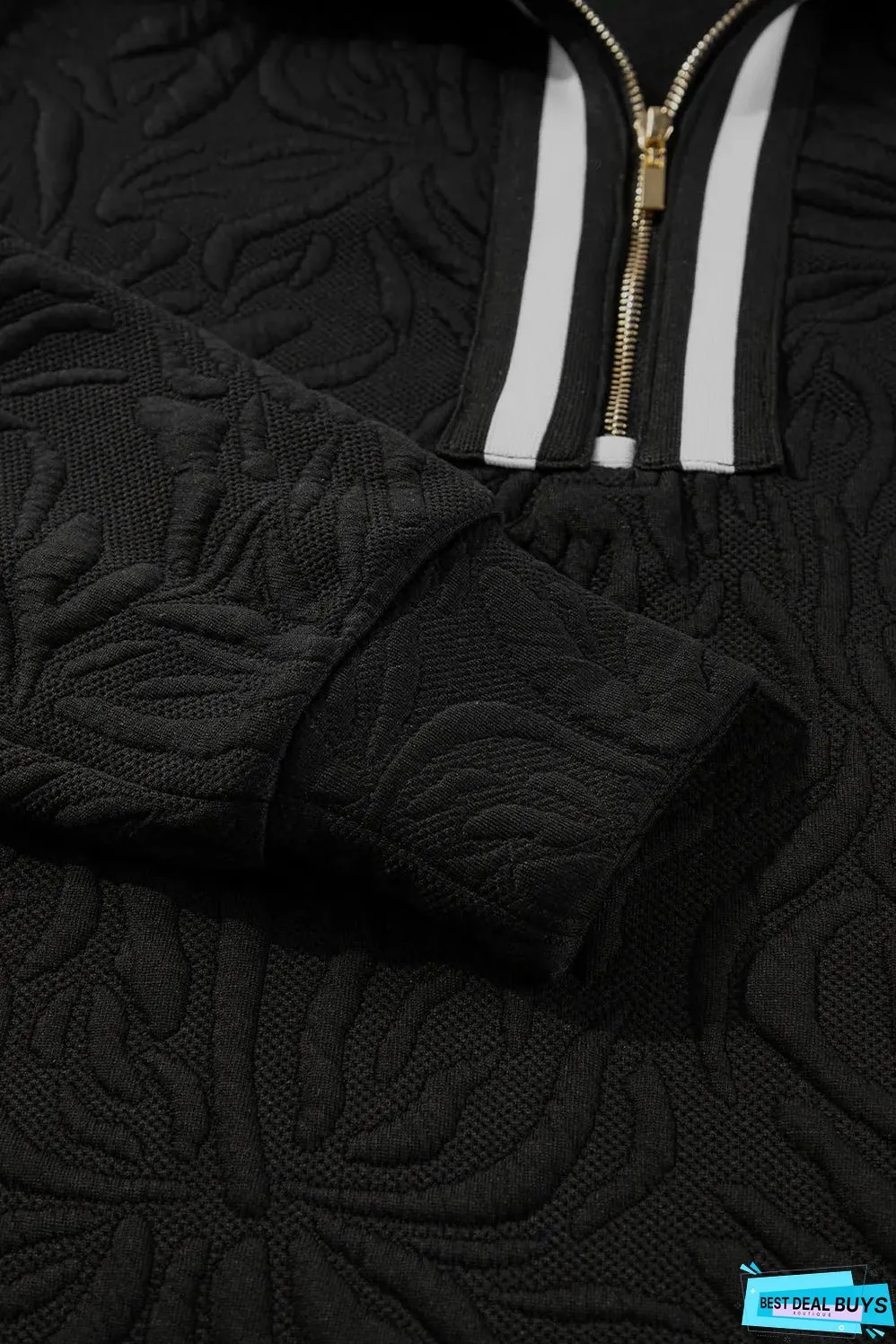 Black Jacquard Textured Quarter Zipper Shift Mini Dress