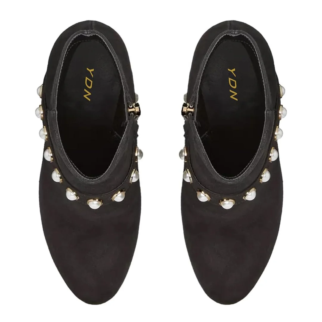 Black Vegan Suede Round Toe Chunky Heel Zipper Ankle boots with Pearls