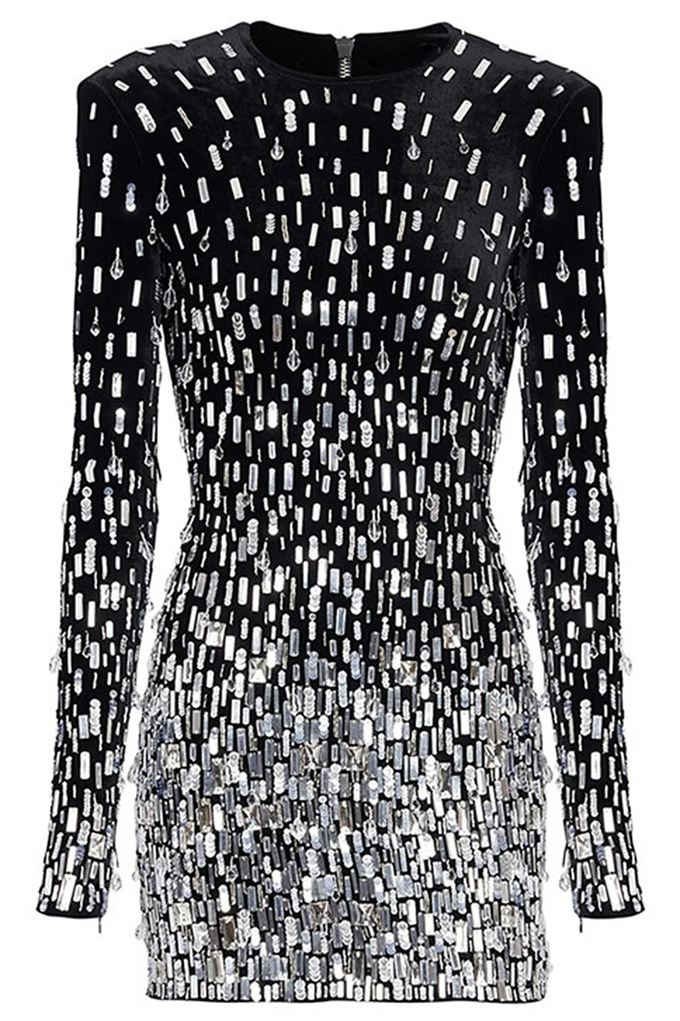 Beaded Sequin Embellished Velvet Mini Dress-Black