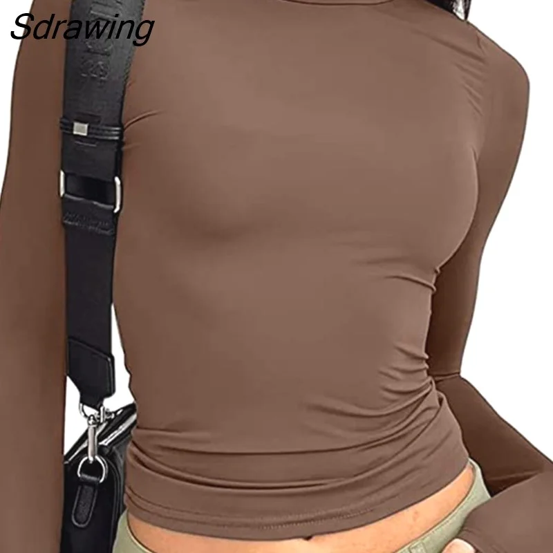 Sdrawing Women's Basic Long Sleeve Crop Top Solid Color Crew Neck Cozy Stretchy Slim Fitted Cropped T Shirts Pullover Streetwear