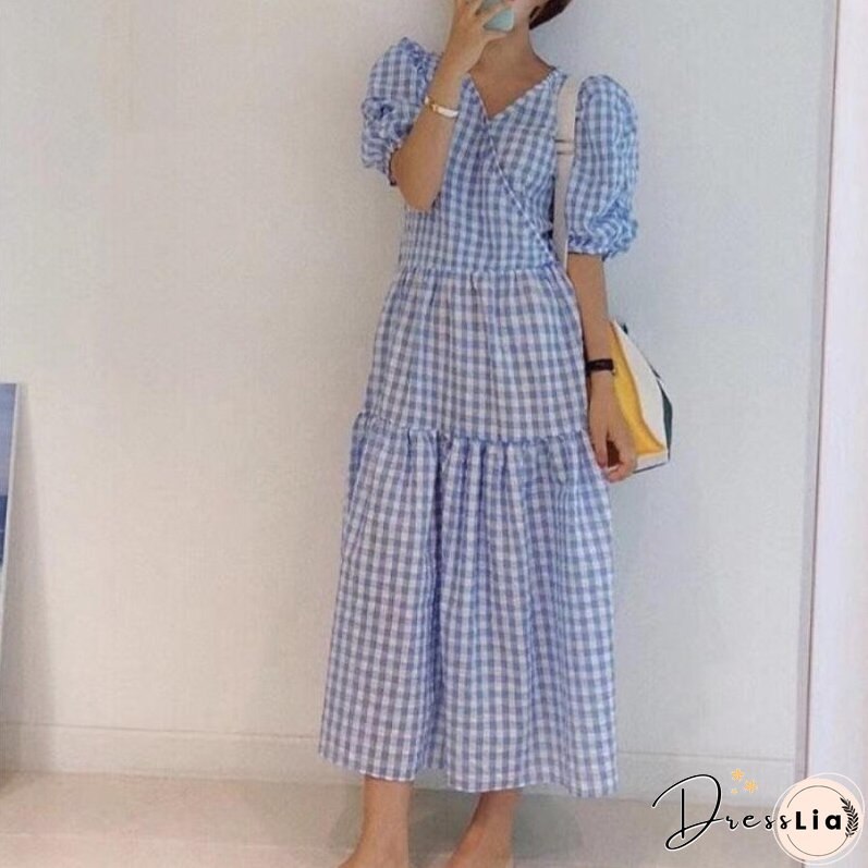 Christmas Gift Nomikuma Korean Fashion Plaid Dress Women V Neck Short Sleeve A Line maxi Dresses Robe Casual Sweet New Chic Vestidos Mujer