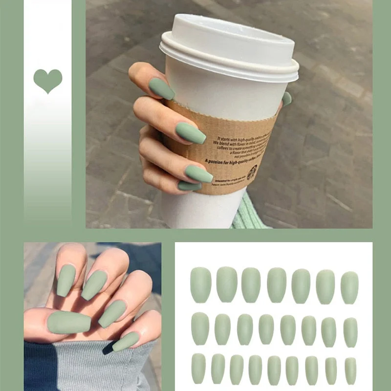 24pcs/box Full Cover fake Press on Nails Matte Yellow Pure Acrylic Frosted Ballerina acrylic for nails for Women free shipping-Nail Inspo