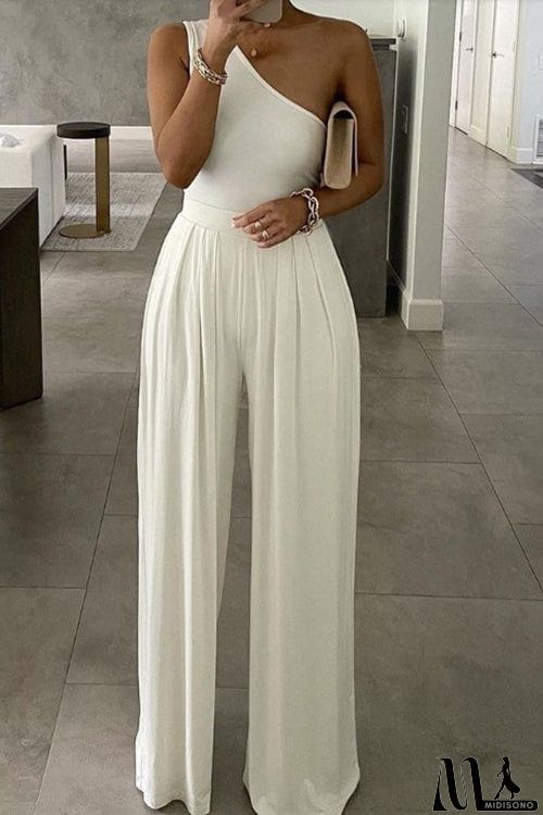 MidiSono - Solid One Shoulder Wide Leg Jumpsuits