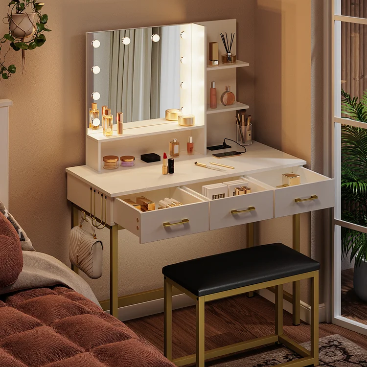 Bestier Dressing Table, Dressing Table Set with Dimming Mirror, 3 Color Lighting Modes, Dressing Table with 3 Sliding Drawers, Modern Bedroom Makeup Table and Cushion Stool Set for Women Girls