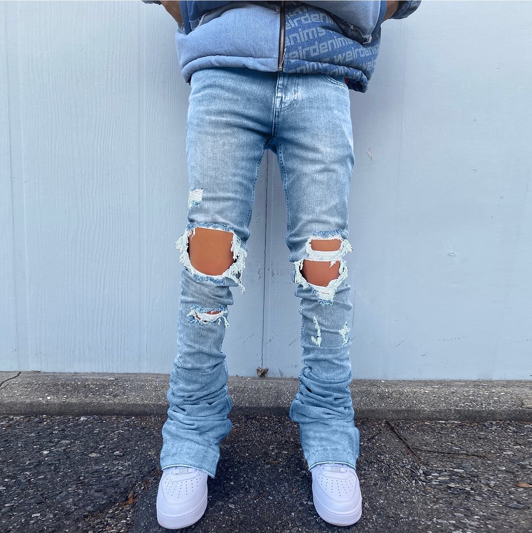 Street casual ripped washed flared trousers jeans