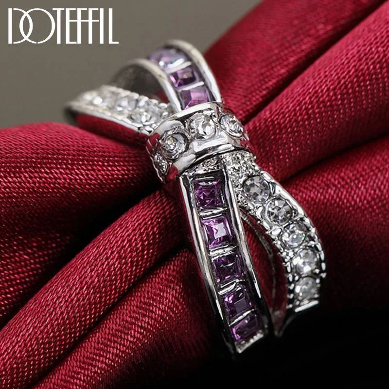 DOTEFFIL 925 Sterling Silver AAA Zircon Purple/Red/Blue Six Colors Crystal Ring For Women Jewelry