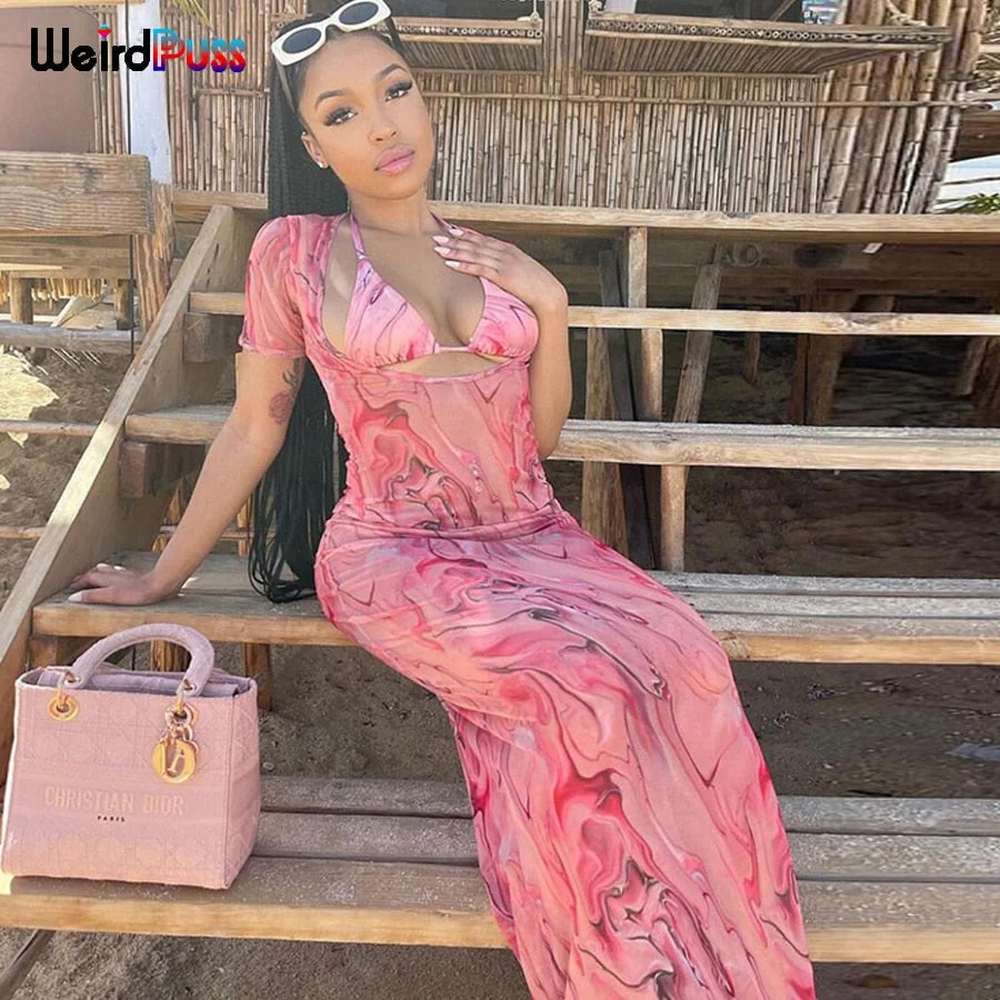 Weird Puss Two Piece Set Women Aesthetic Print Sexy Fashion Halter Bikini Top+Long Skirt Matching Set Party Vacation Clubwear