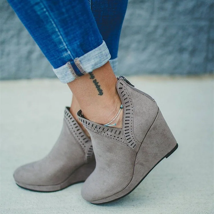 Grey Vegan Suede Hollow Out Platform Wedge Booties |FSJ Shoes