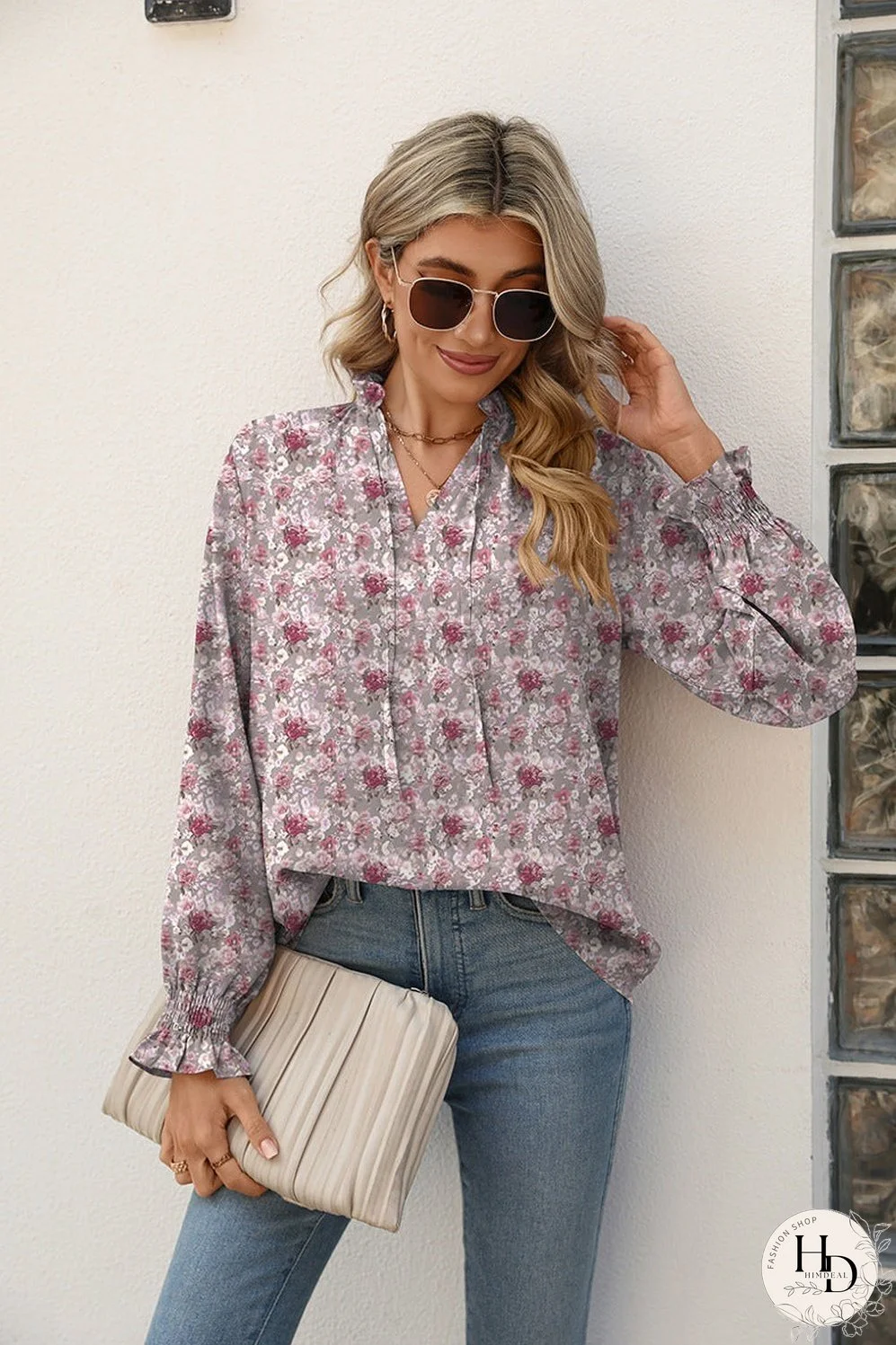 Printed Tie Neck Flounce Sleeve Blouse