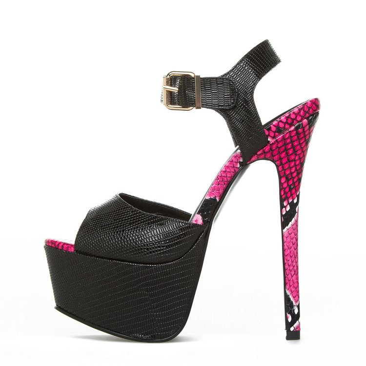 Women's Black Peep Toe Python Stiletto Heel Sandals |FSJ Shoes