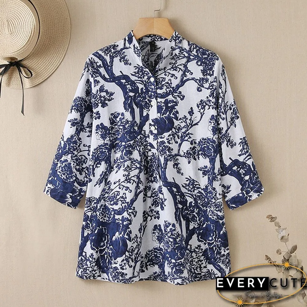 Womens Fashion Casual Cotton Top Autumn Floral Print Neck Sleeve Baggy Retro Shirt Blouse