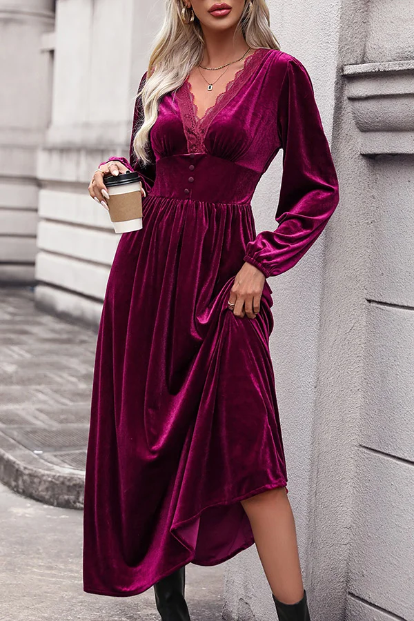 Lace Paneled Buttoned High Waist Pleated Velvet Dress