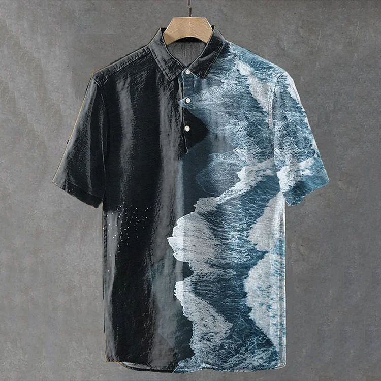 Comstylish Men's Vintage Coastline Art Print Casual Short Sleeve Polo Shirt