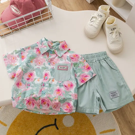 【12M-5Y】Unisex Fashionable Floral Shirt & Shorts Set – Vacation Style