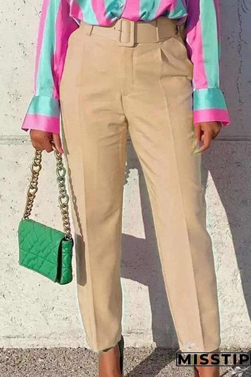 Pink Casual Solid Patchwork With Belt Regular High Waist Conventional Solid Color Trousers