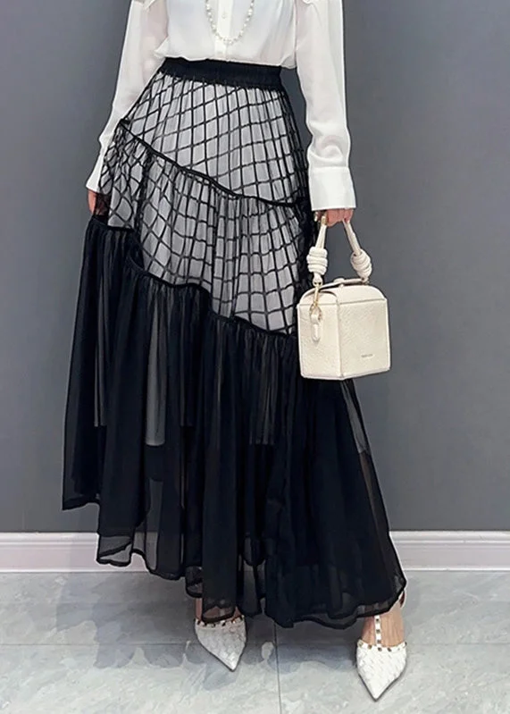 Novelty Black Plaid Patchwork Chiffon Maxi Skirts
