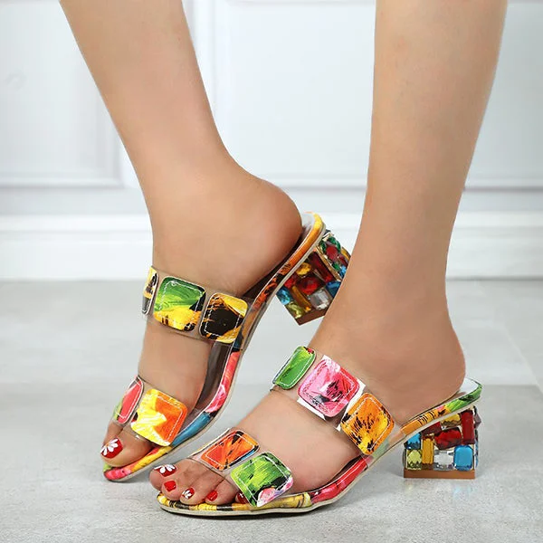 HUXM Multicolor Diamond Block Heel Slippers