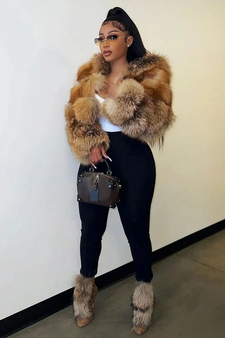 Long Sleeve Hooded Front Opened Quilted Faux Fur Crop Coat-Brown