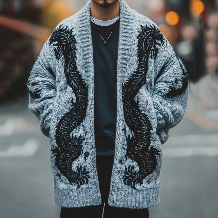 Utbros Men's Dragon Pattern Cuff Cardigan Sweater