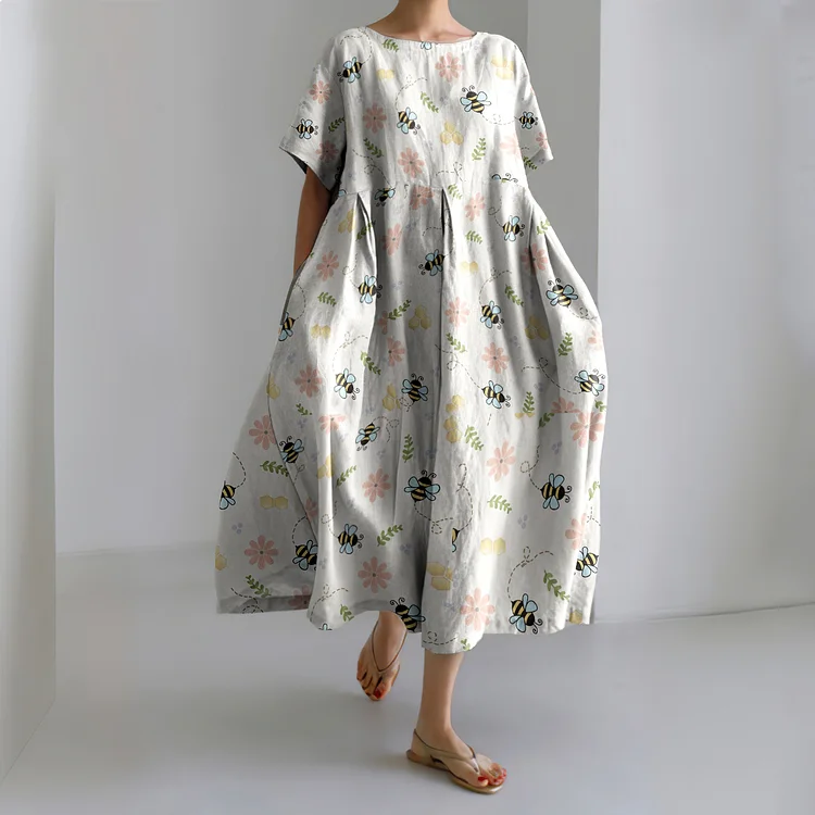 Flying Honey Bees Embroidery Art Print Casual Midi Dress
