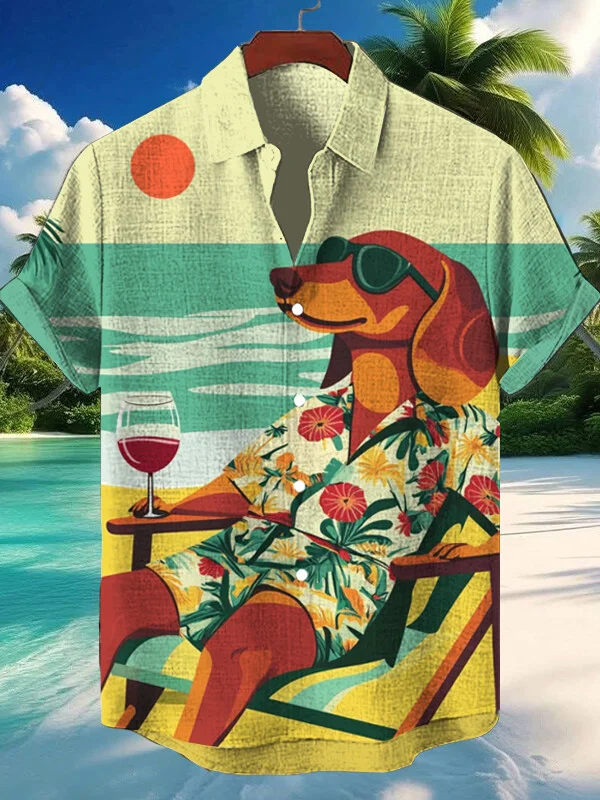 Men's Dog In Sunglasses Enjoying Vacation Time Art Print Short Sleeve Shirt