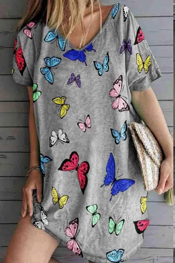 Womens Butterfly Print V-neck Loose Pajama Dress-Allyzone-Allyzone