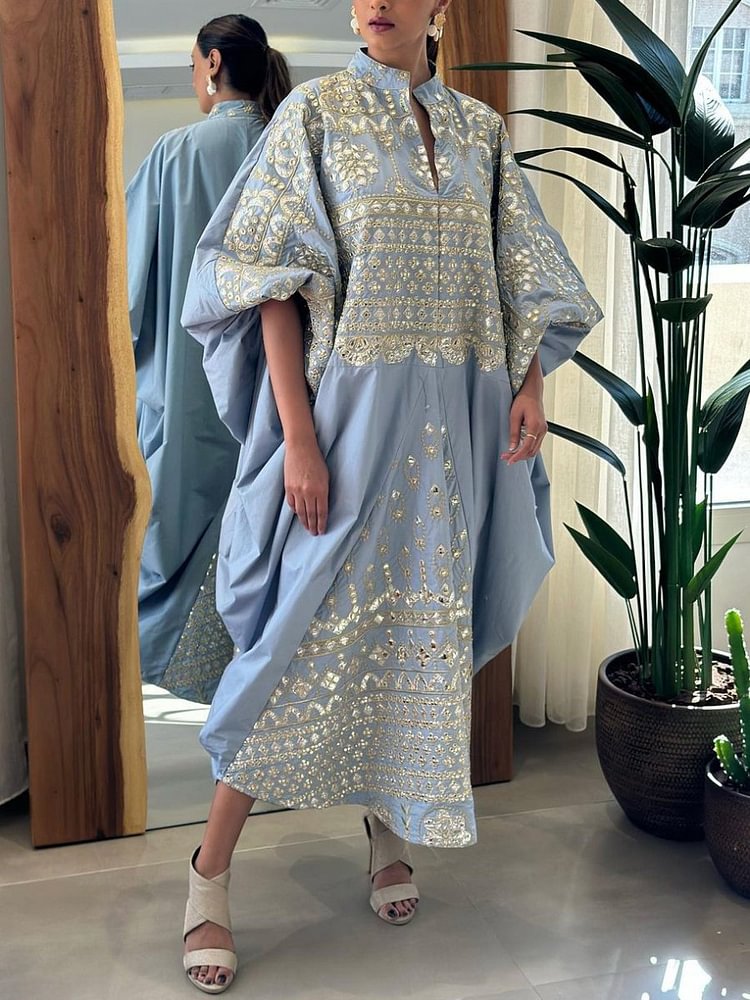 Folk Pattern Lantern Sleeve Stand Collar Lady Dress